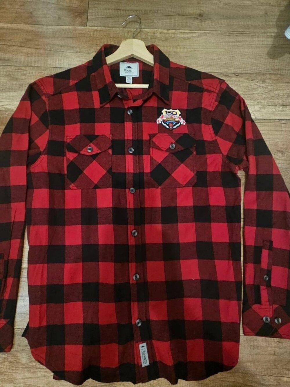 Roots 73 Buffalo Plaid Flannel Shirt XL RCMP 150th Anniversary Crest Red Black